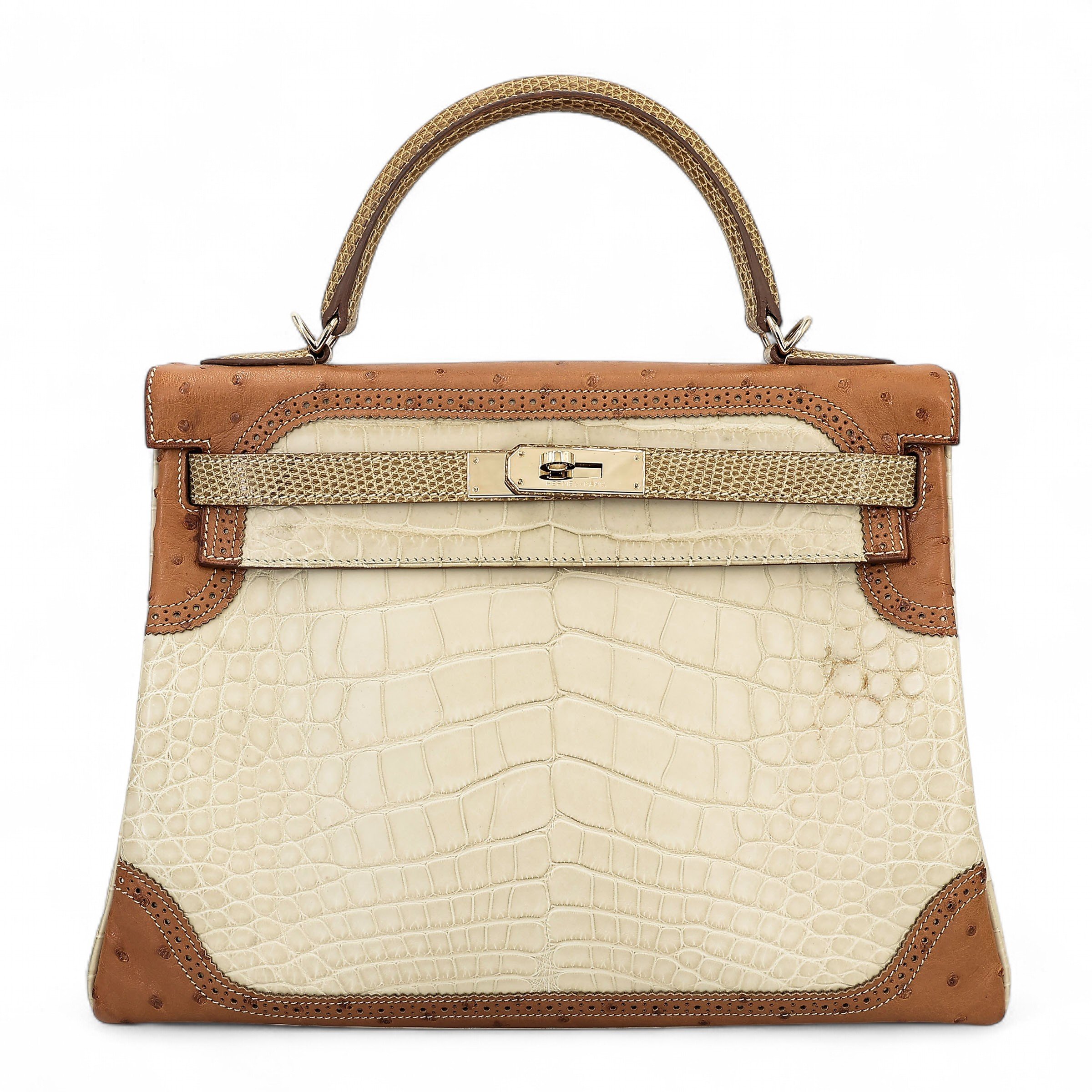 Hermes Very Good ( Rank A) HERMÈS Kelly Ghillies 32 Ficelle (17) Beton (8L) Marron Glace Matte Alligator Ostrich Lizard Permabrass hardware Square R (2014)
