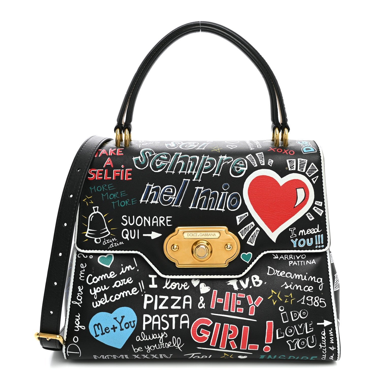 Dolce & Gabbana Calfskin Welcome Graffiti Printed Satchel Black