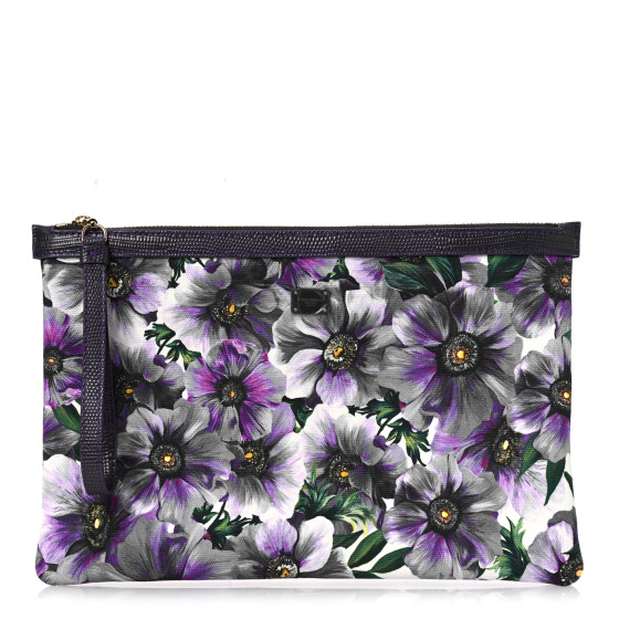 Dolce & Gabbana Canvas Vitello Iguana Embossed Anemone Print Pouch Purple