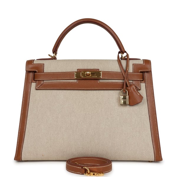 Hermes Vintage Hermes Kelly Sellier 32 Gold Courchevel and Ecru-Beige Toile H Canvas Gold Hardware