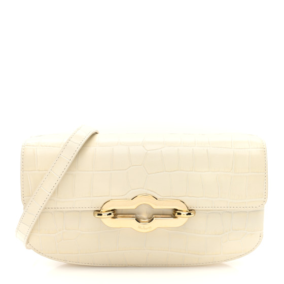 Mulberry Shiny Calfskin Crocodile Print East West Pimlico Satchel Eggshell