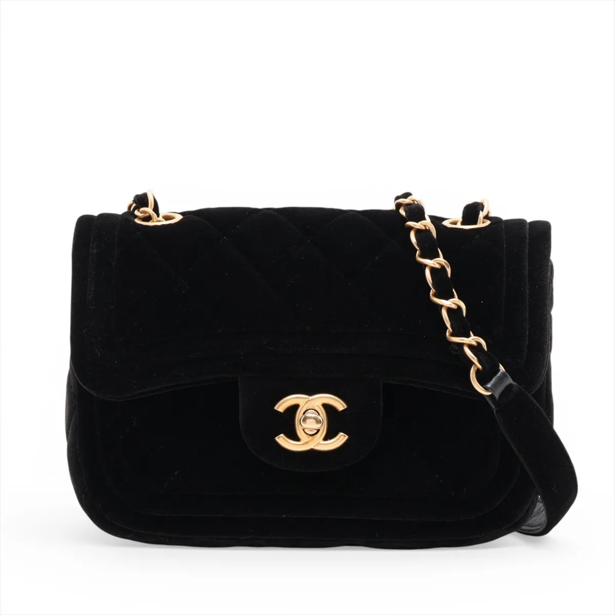 Chanel Matelasse Velvet Single Flap Single Chain Bag Black Gold Metal Fittings r
