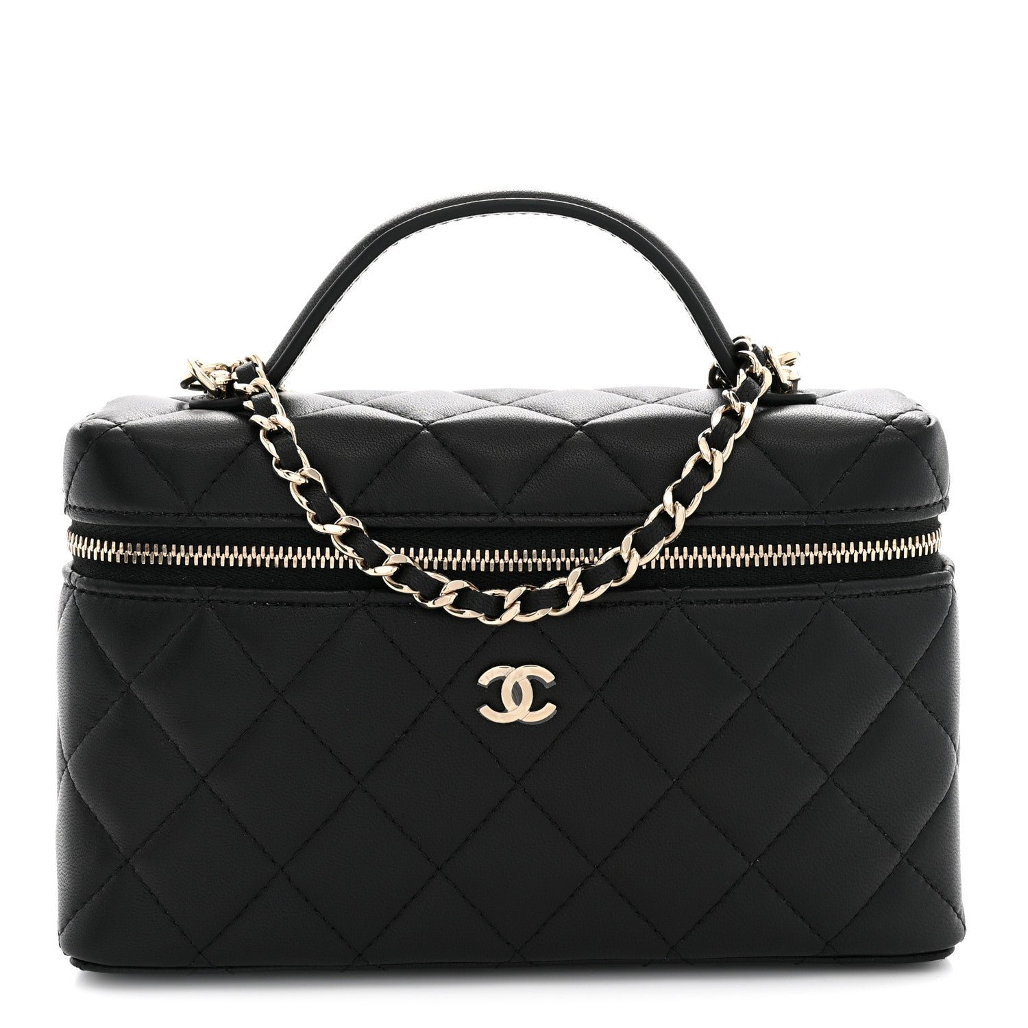Chanel Lambskin Quilted Top Handle Slim Vanity With Chain Black