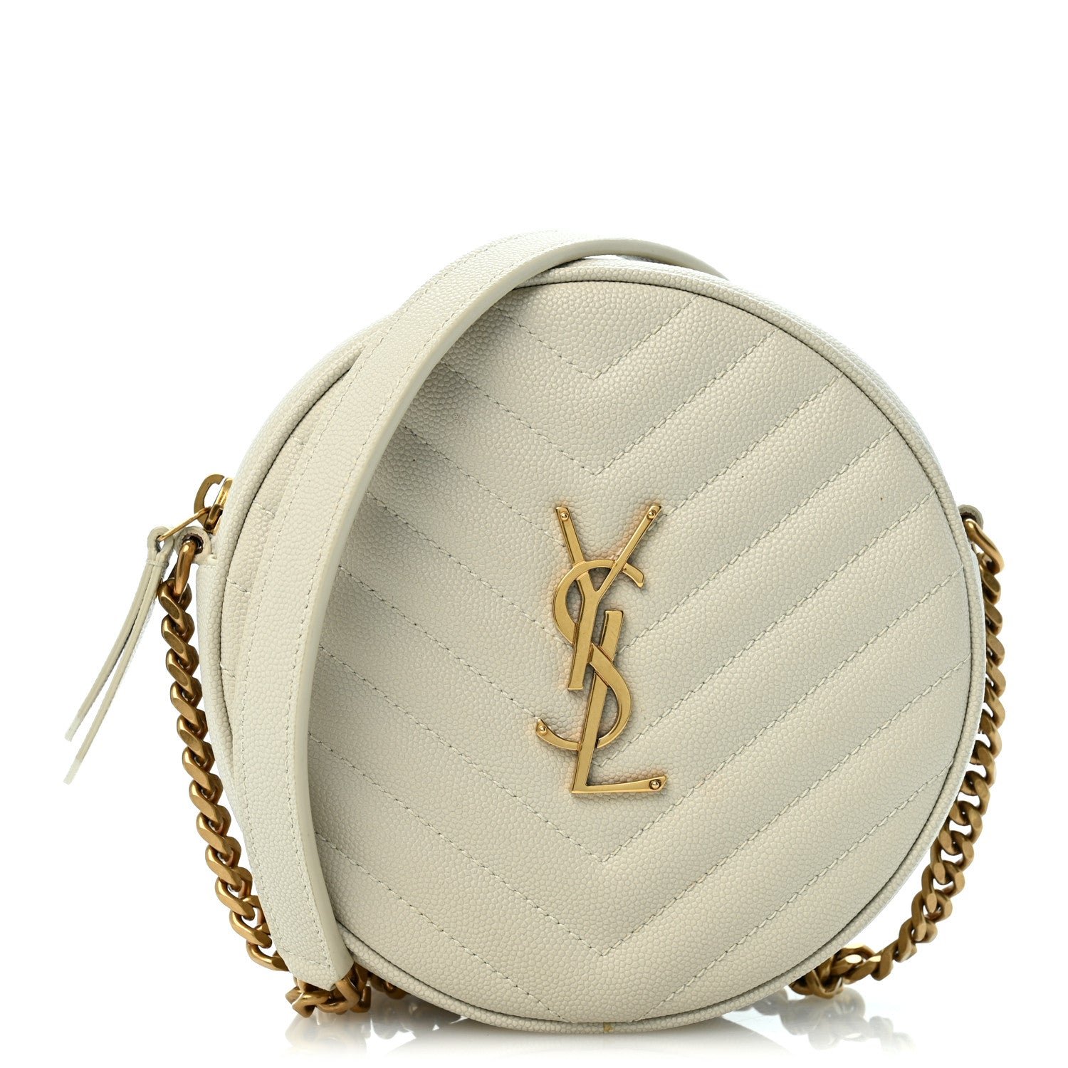 Saint Laurent Grain De Poudre Matelasse Chevron Quilted Round Vinyle Camera Bag Crema Soft