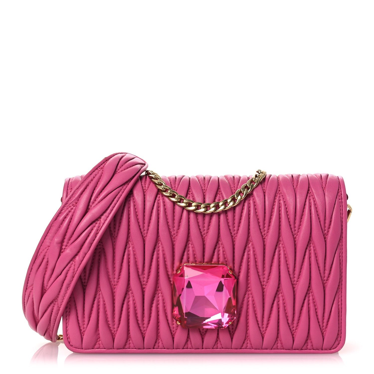 Miu Miu Nappa Matelasse Crystal Wallet On Chain  Fuxia