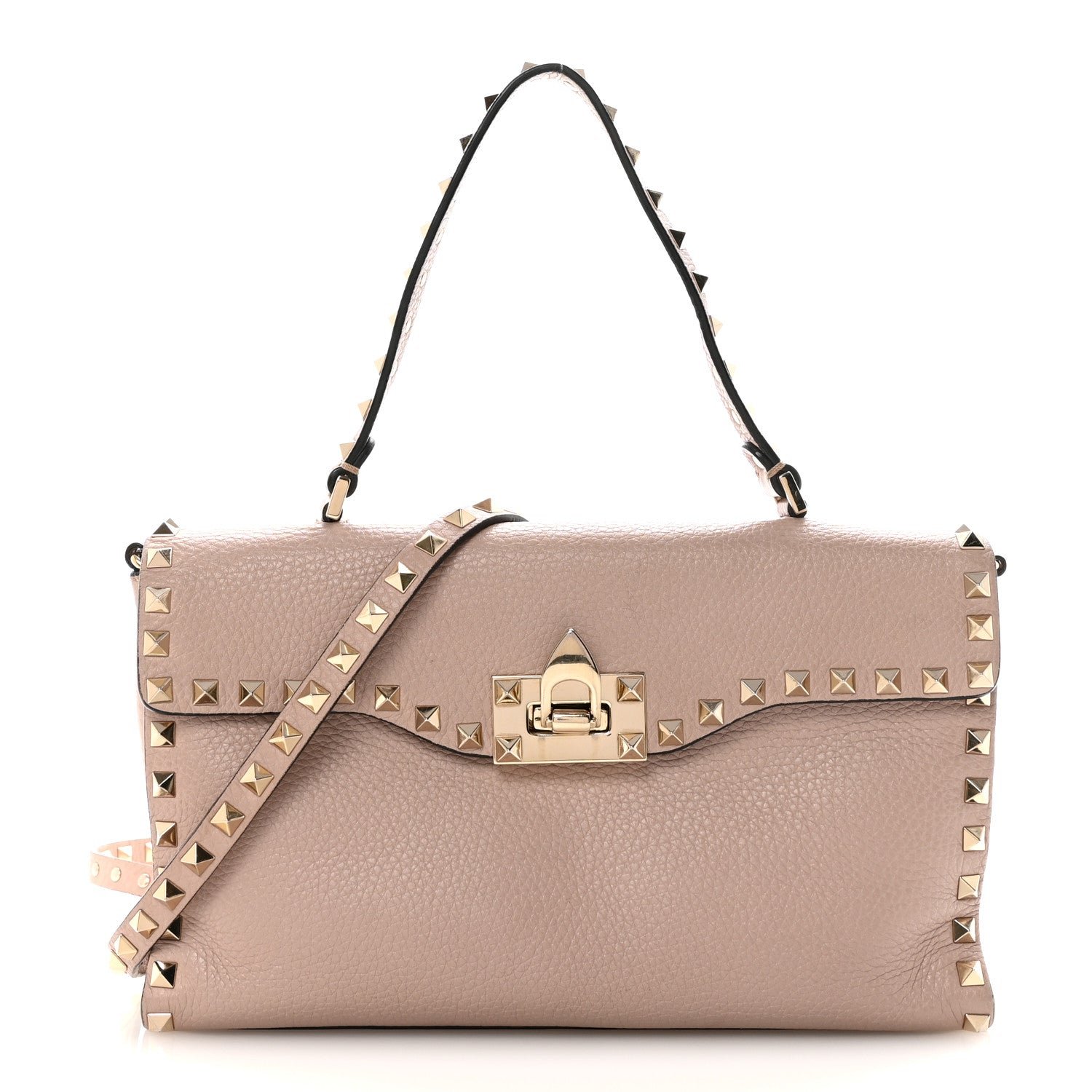 Valentino Garavani Pebbled Calfskin Medium Rockstud Top Handle Shoulder Bag Poudre