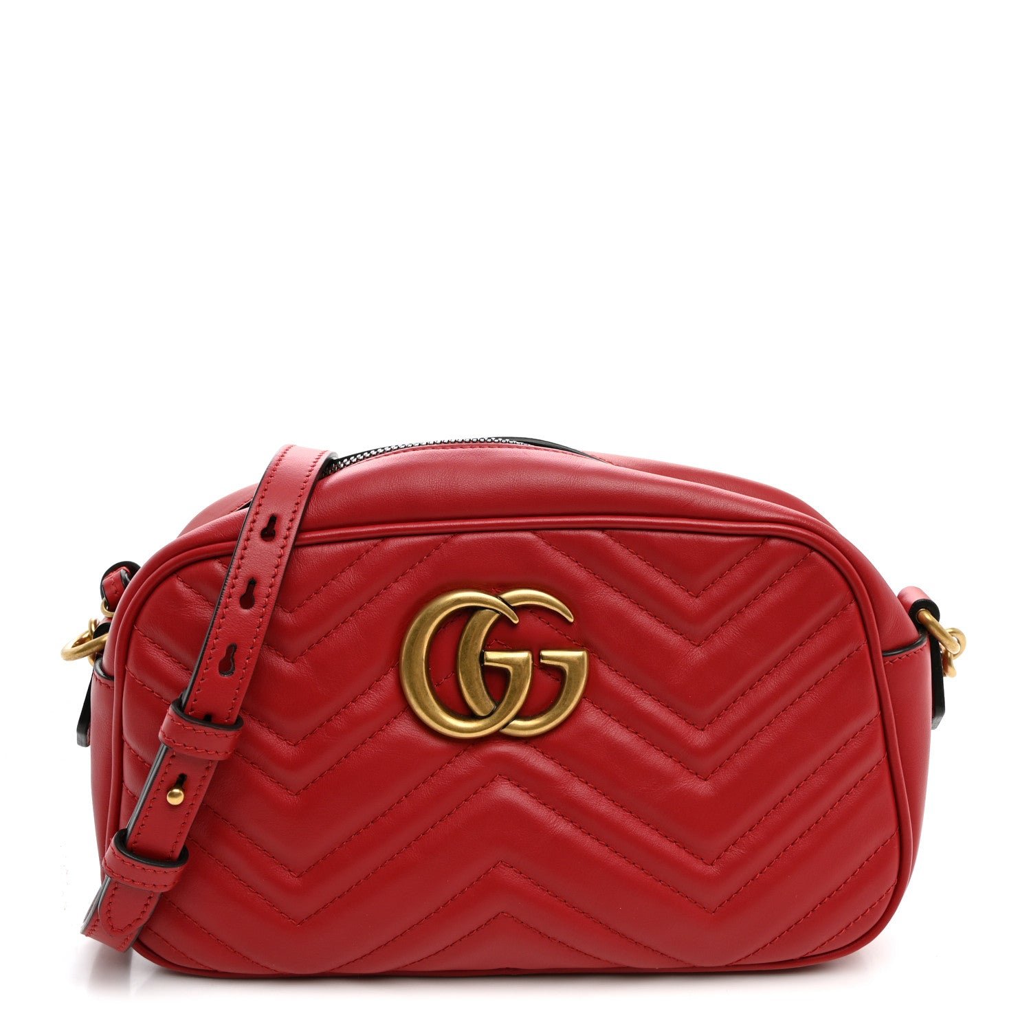 Gucci Calfskin Matelasse Small GG Marmont Chain Shoulder Bag Hibiscus Red
