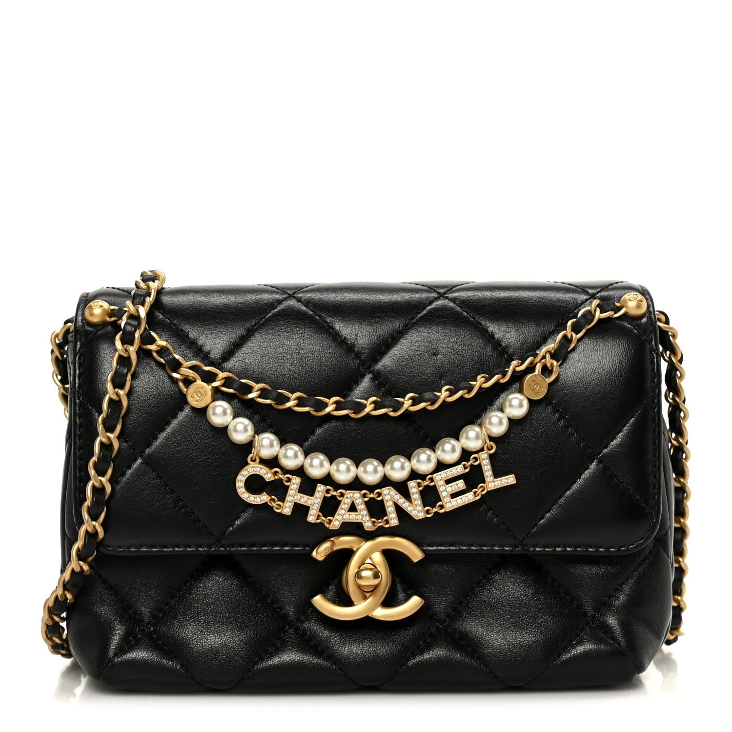 Chanel Shiny Lambskin Quilted Mini Pearl Logo Flap Black