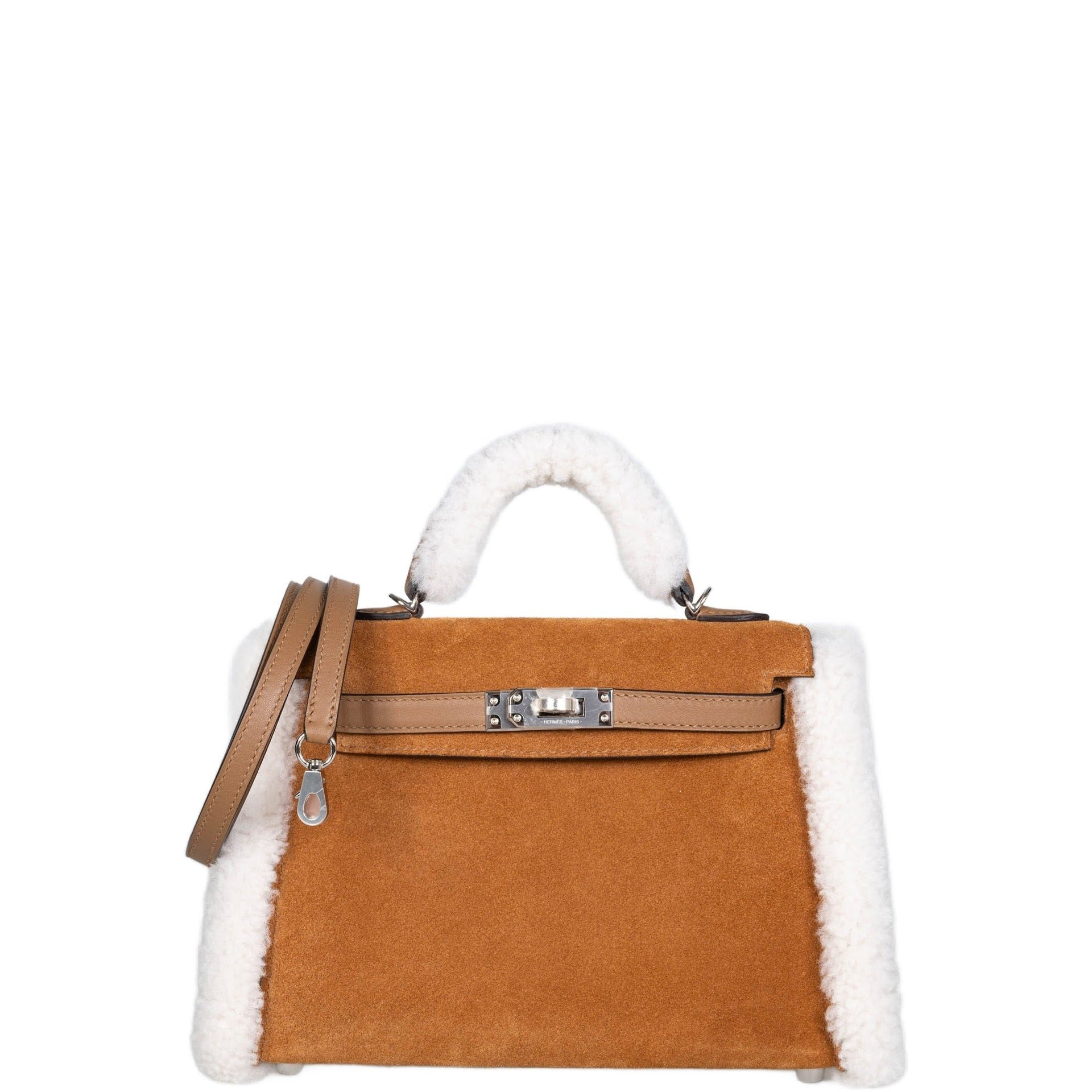Hermes Hermès Teddy Mini Kelly 20 Chamois Grizzly, Alezan Swift and Ecru Mouton Shearling Palladium Hardware