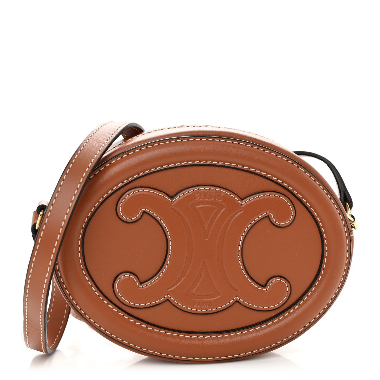 Celine Smooth Calfskin Cuir Small Triomphe Oval Crossbody Purse Tan