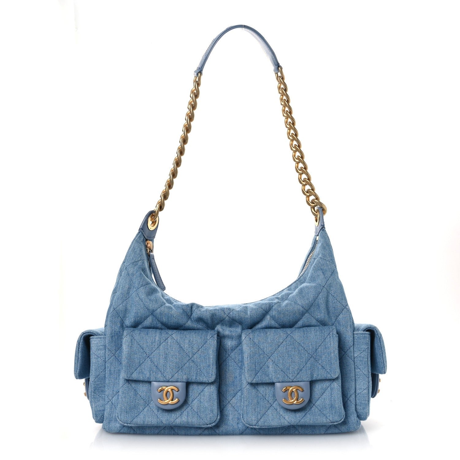 Chanel Washed Denim Quilted Large Trendy Pockets Hobo Blue