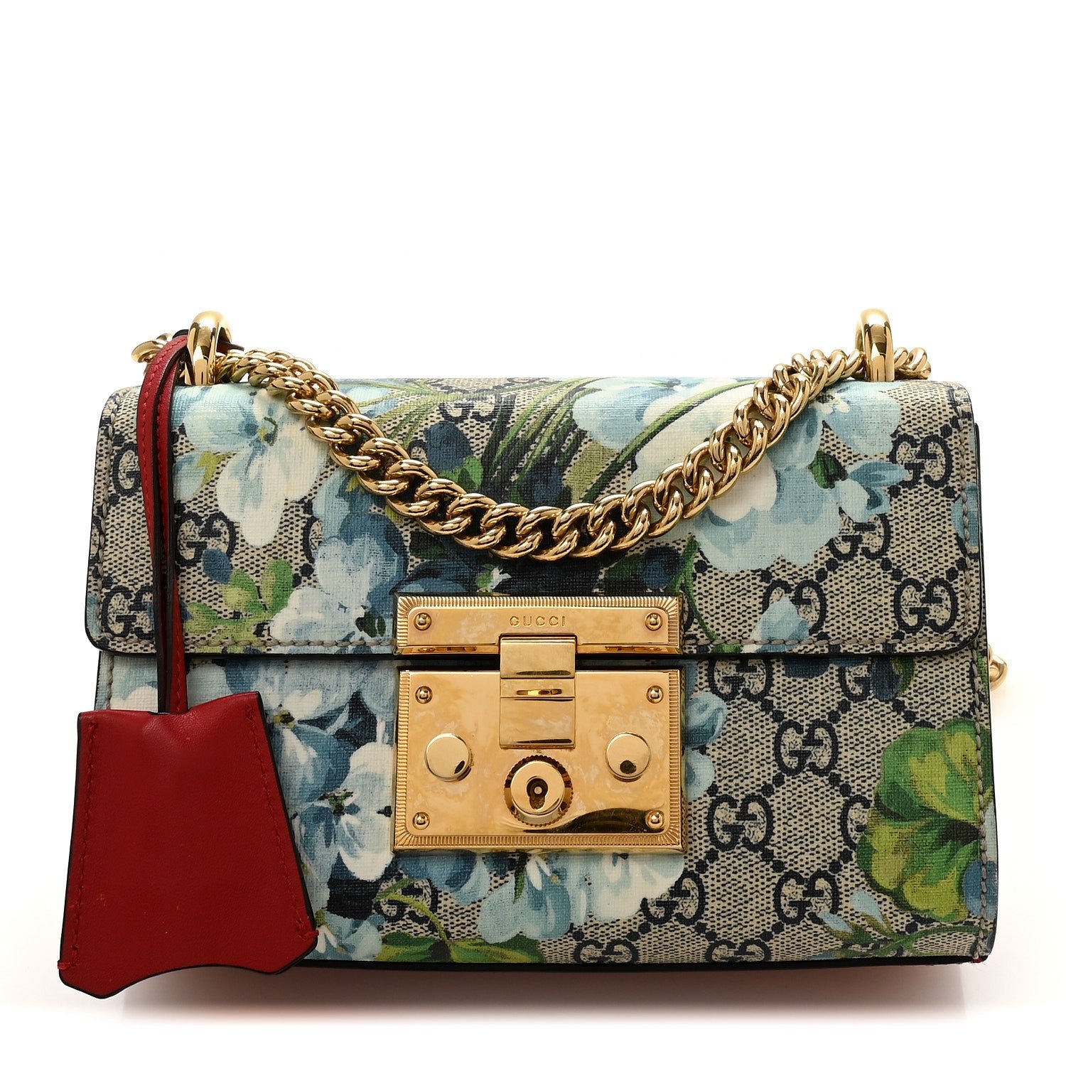 Gucci GG Supreme Monogram Blooms Small Padlock Shoulder Bag Beige Blue Navy Hibiscus Red