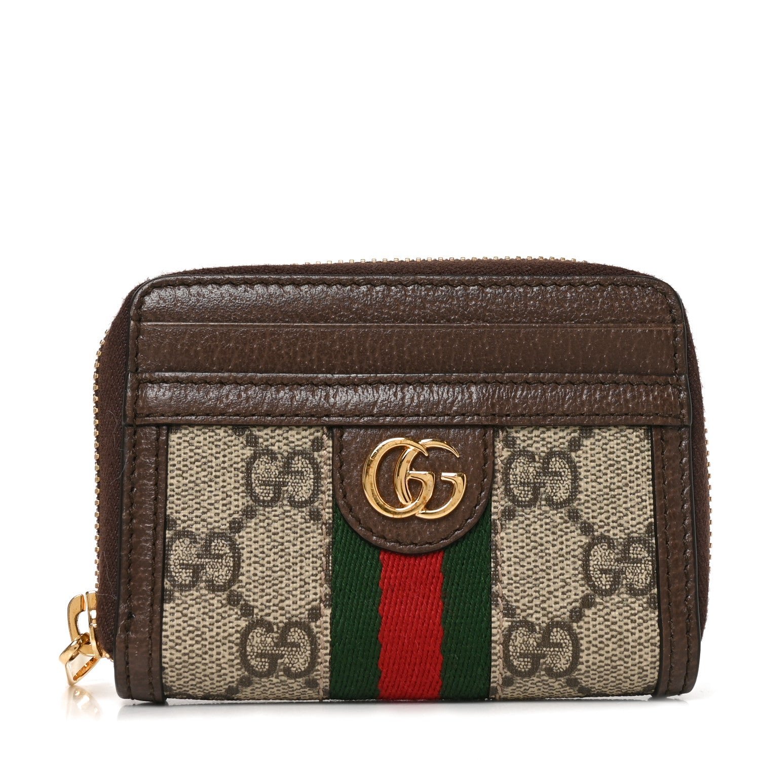Gucci GG Supreme Monogram Textured Dollar Calfskin Web Ophidia Zip Around Card Case Wallet Beige Ebony New Acero