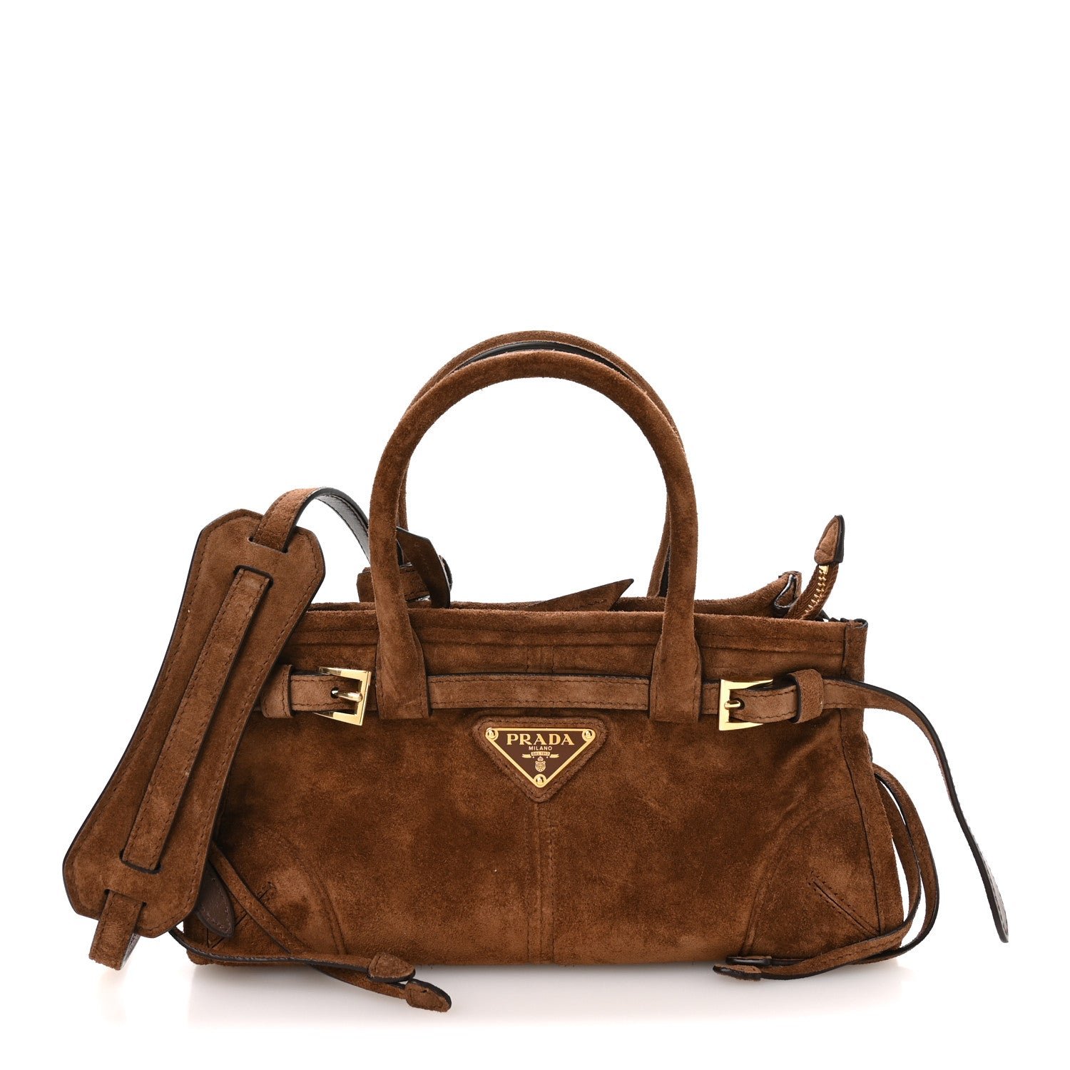 Prada Suede Triangle Mini Bonnie Shoulder Bag Cacao