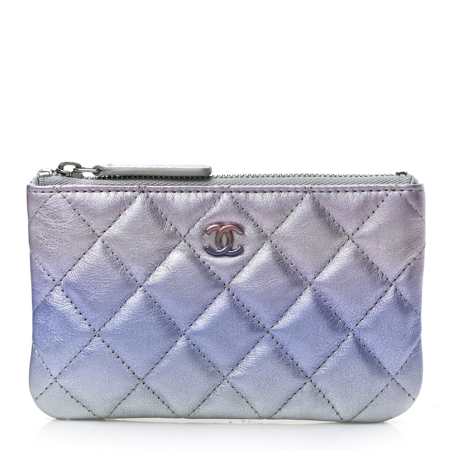 Chanel Gradient Metallic Calfskin Quilted Small Cosmetic Pouch Silver Blue Yellow Purple