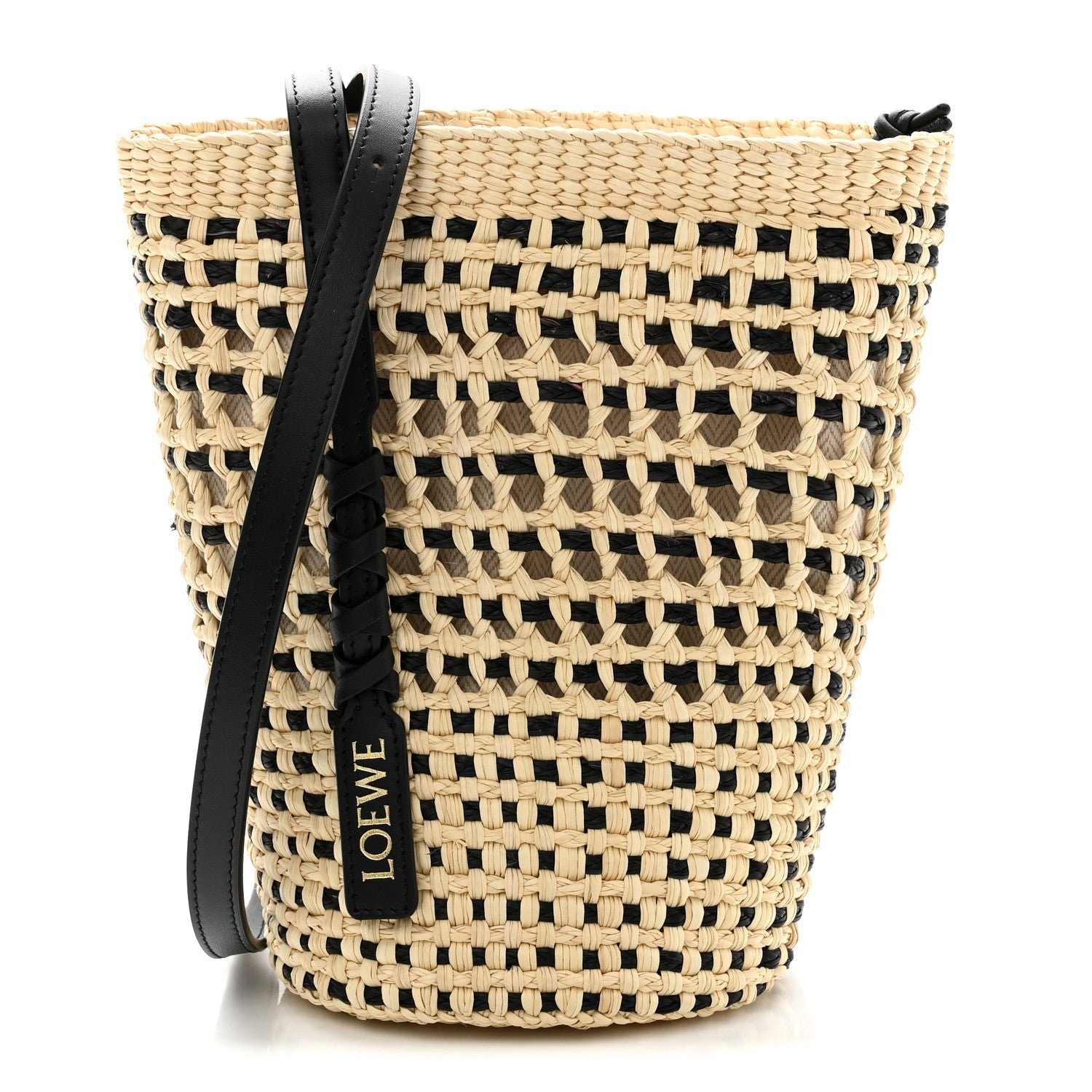 Loewe Calfskin Raffia Paulas Ibiza Bucket Bag Natural Black