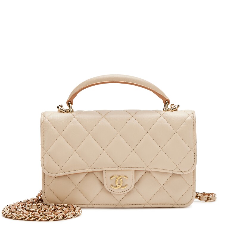 Beige and Brown Quilted Lambskin Phone Holder Flap Bag with Chain Light Gold Hardware, 2023