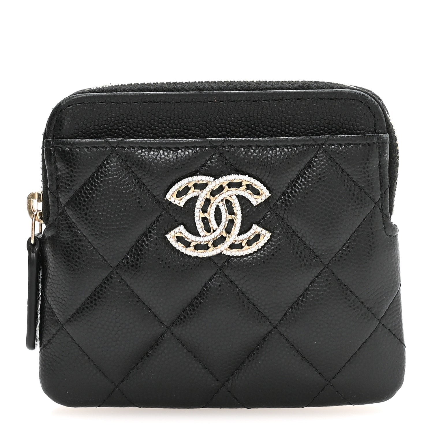 Chanel Caviar Quilted Crystal Zip Card Holder Wallet Black