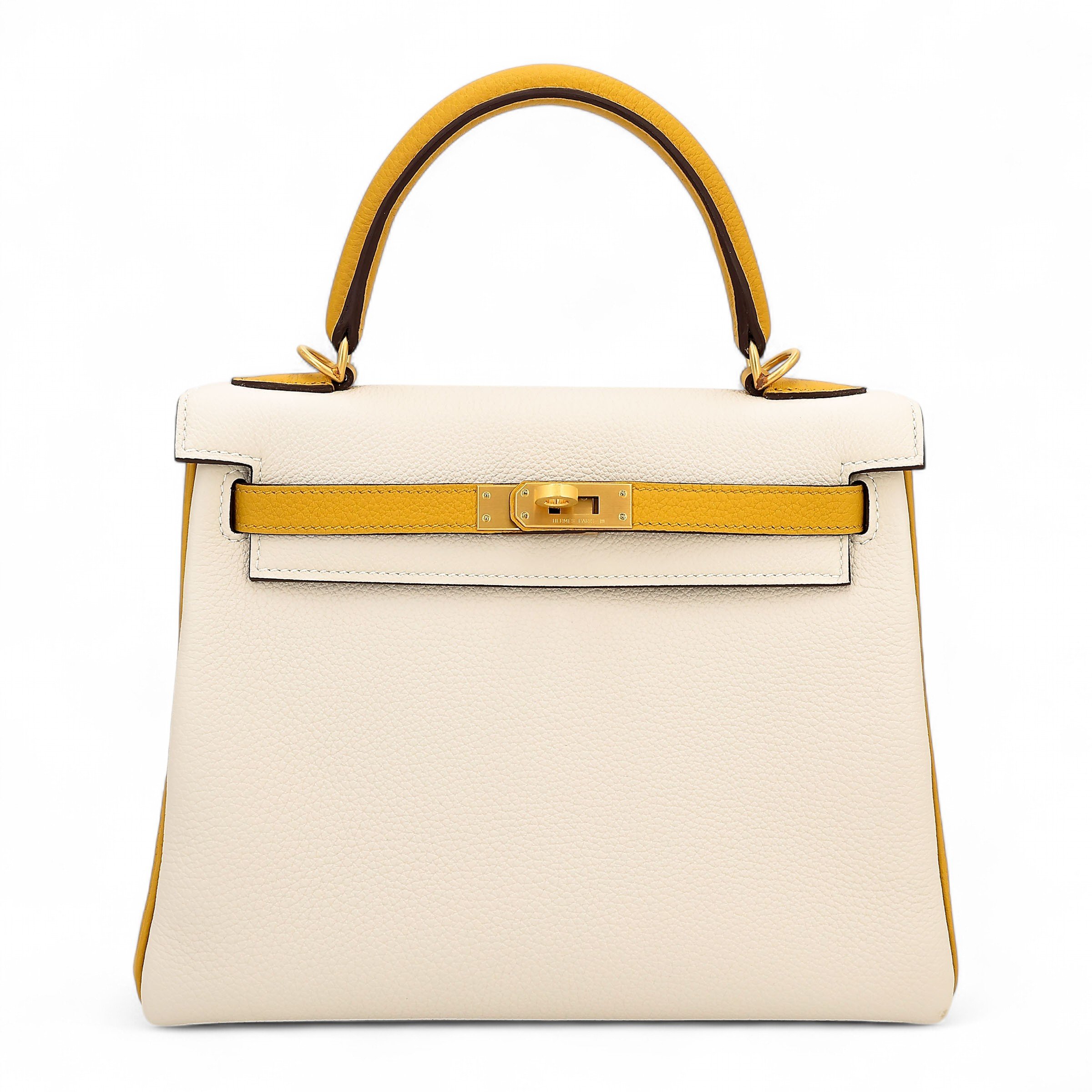 Hermes Excellent ( Rank SA ) HERMÈS Special Order Kelly 25 HSS Craie (10) Jaune Ambre (9D) Togo Brushed Gold hardware Z (2021)
