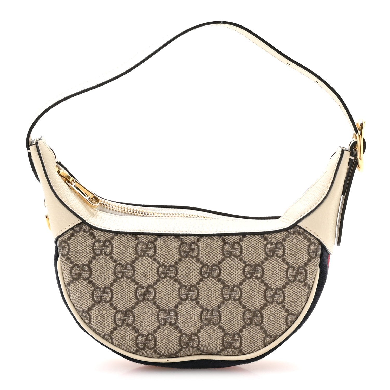 Gucci GG Supreme Monogram Textured Dollar Calfskin Web Mini Ophidia Half Moon Hobo Beige Ebony Mystic White