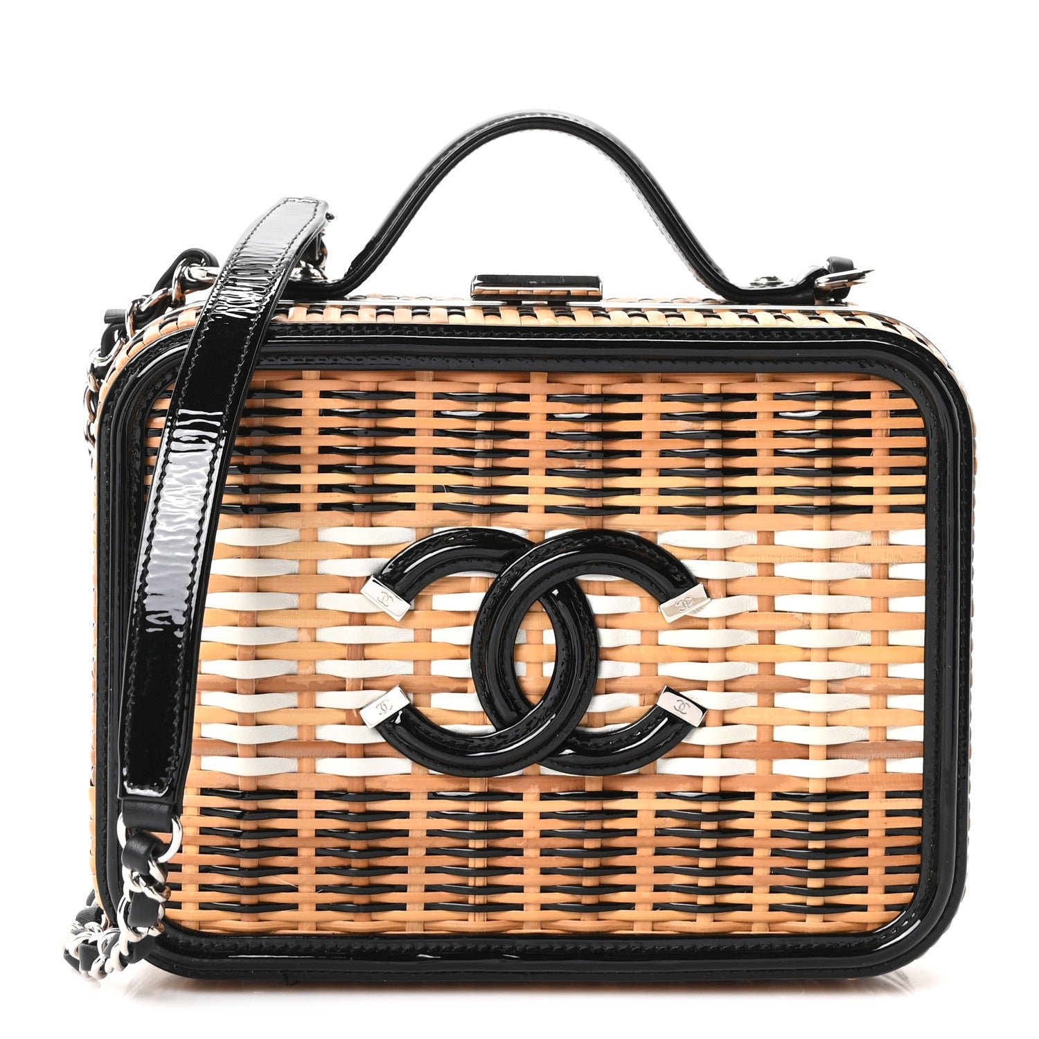 Chanel Raffia Patent Medium CC Filigree Vanity Case Black