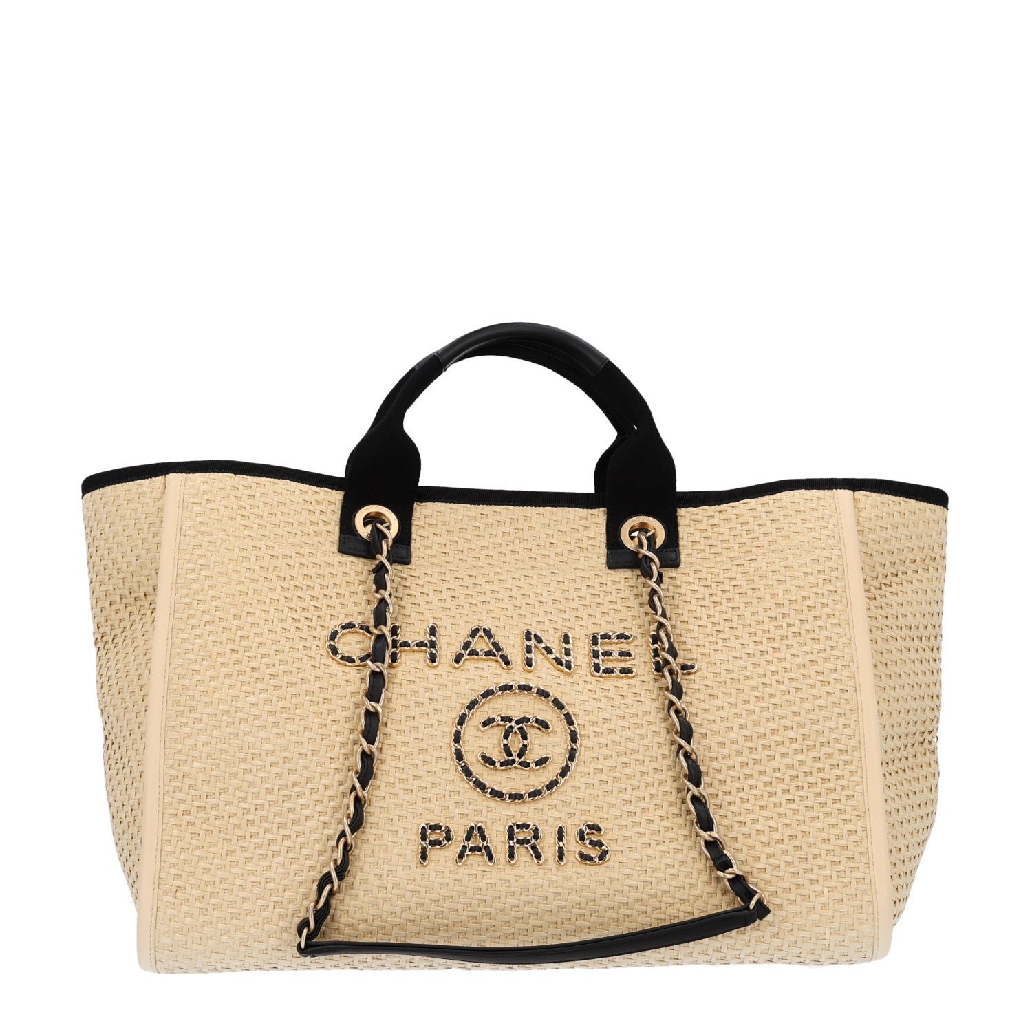 Chanel Straw Raffia Calfskin Chain Medium Deauville Tote Beige Black