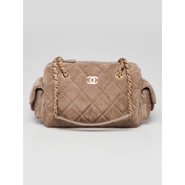 Chanel Dark Grey Quilted Suede 25 Bowling Bag