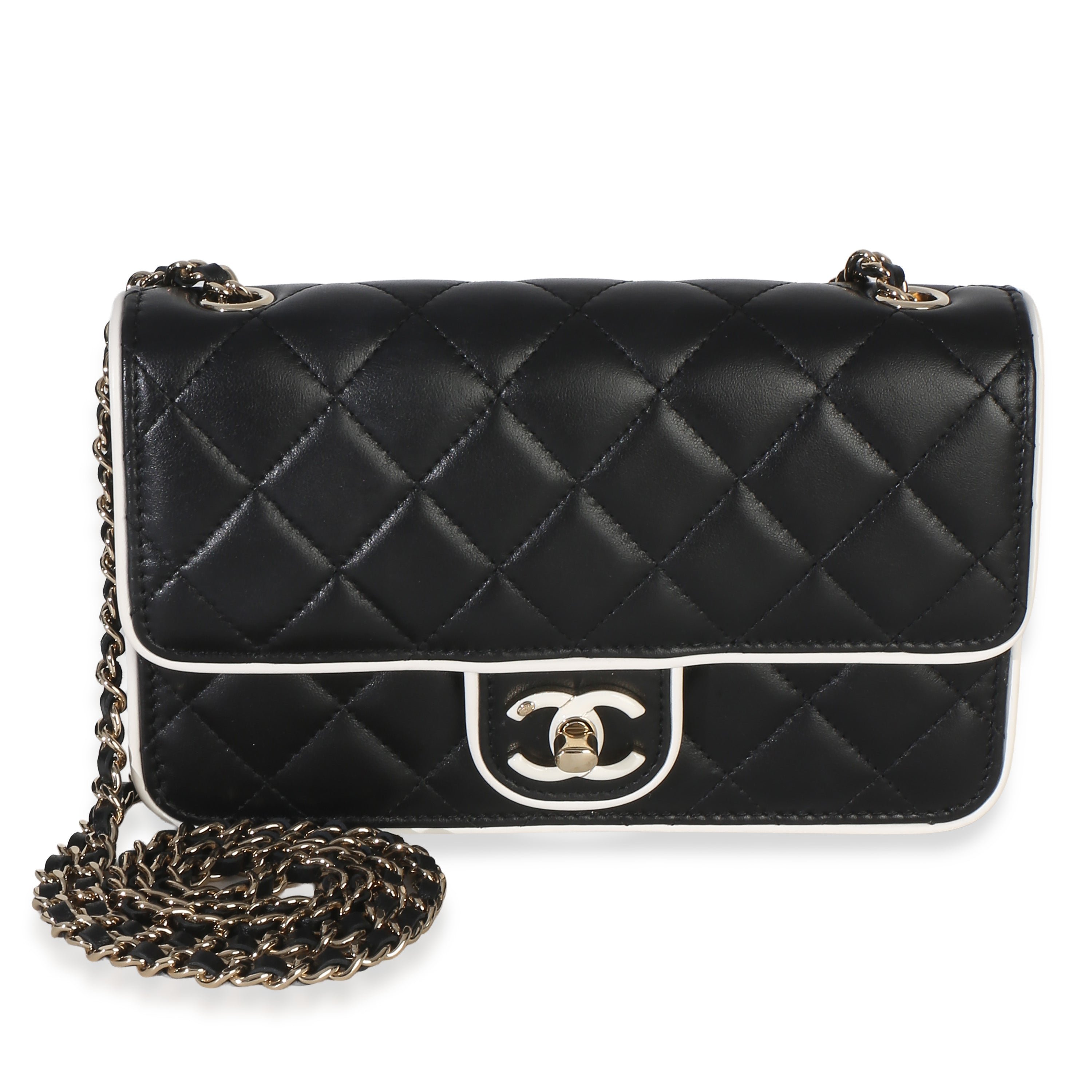 26P Black White Quilted Lambskin Resin CC Flap Wallet On Chain