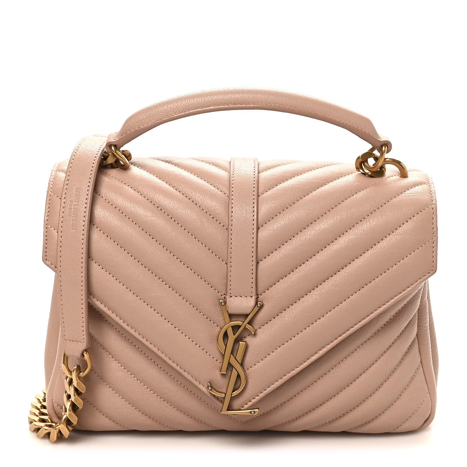 Saint Laurent Sheepskin Matelasse Chevron Monogram Medium College Bag Rose Poudre