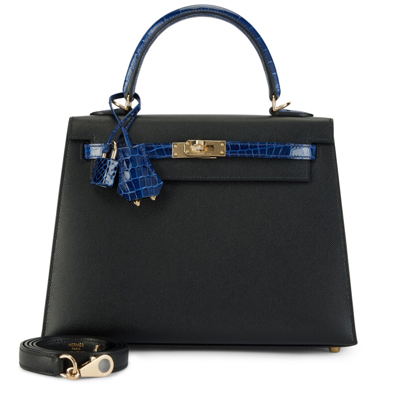 Hermes Black Madame and Bleu Electrique Shiny Crocodile Touch Sellier Kelly 25 Permabrass Hardware, 2025