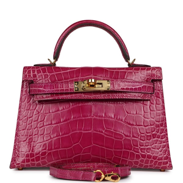 Pre-owned Hermes Kelly Sellier 20 Rose Scheherazade Shiny Alligator Gold Hardware