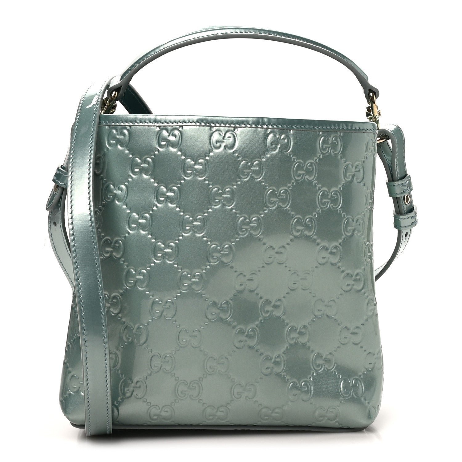 Gucci Patent GG Emblem Small Bucket Bag Light Blue