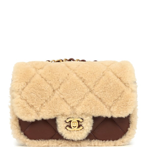 Chanel Chanel Mini Shearling Flap Bag Brown Lambskin Brushed Gold Hardware