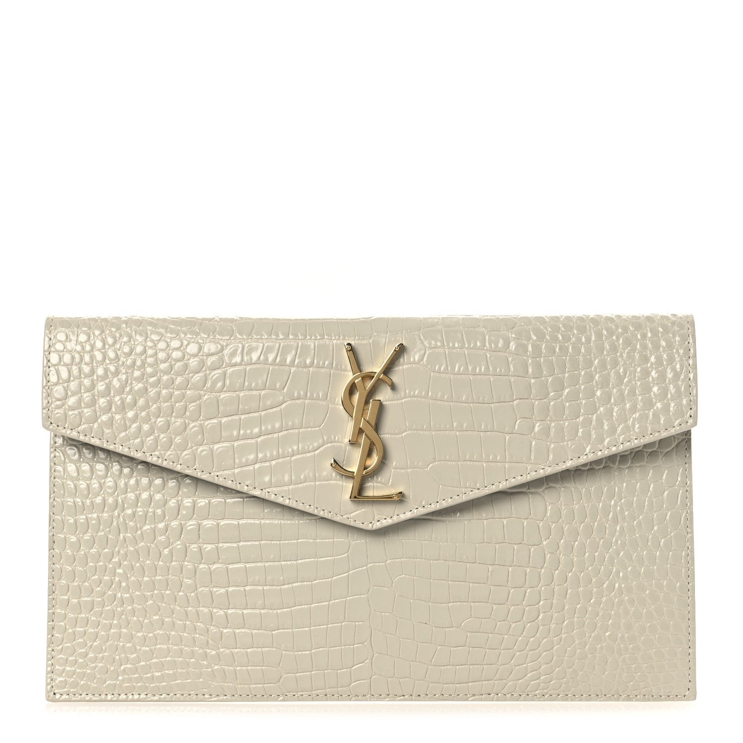 Saint Laurent Calfskin Crocodile Embossed Uptown Monogram Pouch Crema Soft