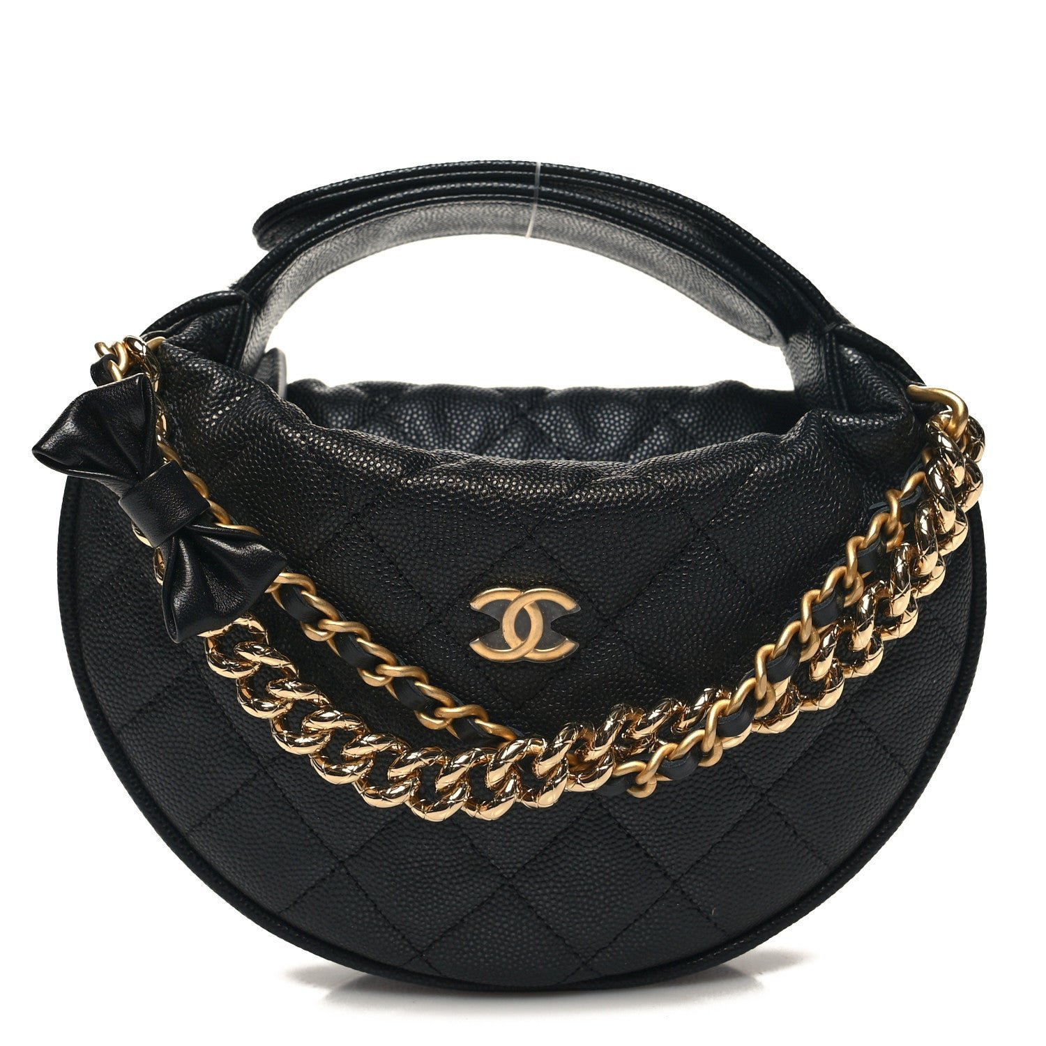 Chanel Shiny Caviar Quilted Bow Pouch Hobo Black