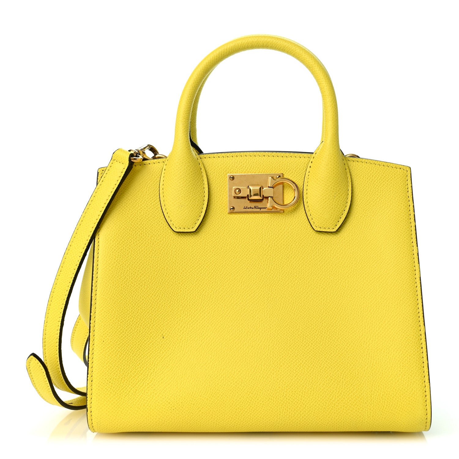 Salvatore Ferragamo Hammered Calfskin Small The Studio Box Bag Canary Yellow