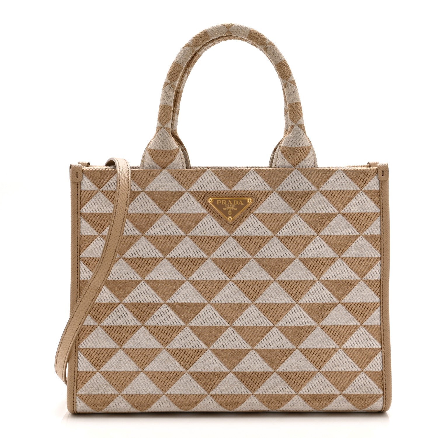 Prada Jacquard Saffiano Triangolo Symbole Embroidered Small Tote Corda Talco