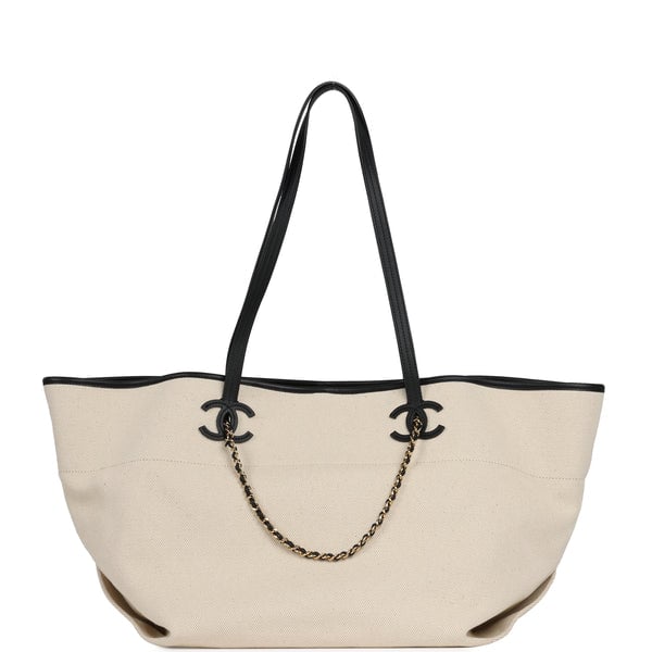 Chanel Large CC Shopping Tote Bag Ecru Canvas, Black Calfskin Gold Hardware
