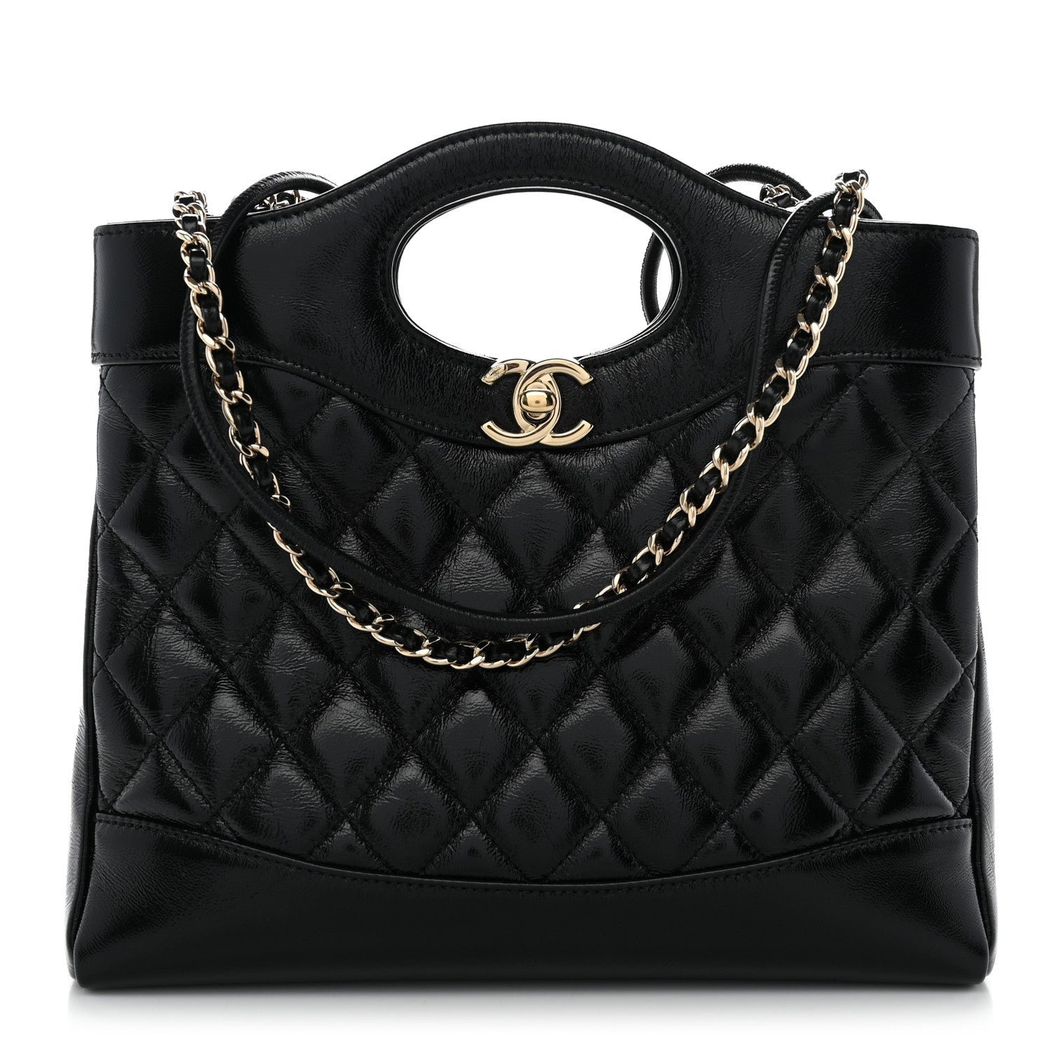 Chanel Shiny Crumpled Calfskin Quilted Mini 31 Shopping Bag Black