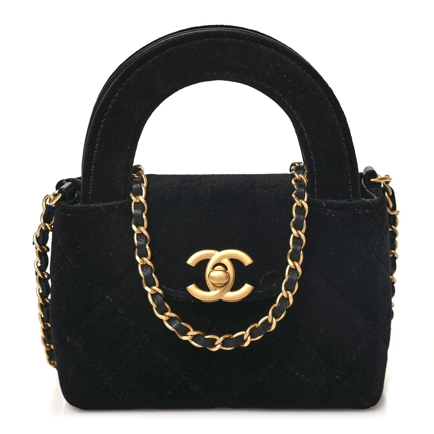 Chanel Velvet Quilted Mini Nano Kelly Shopper Black