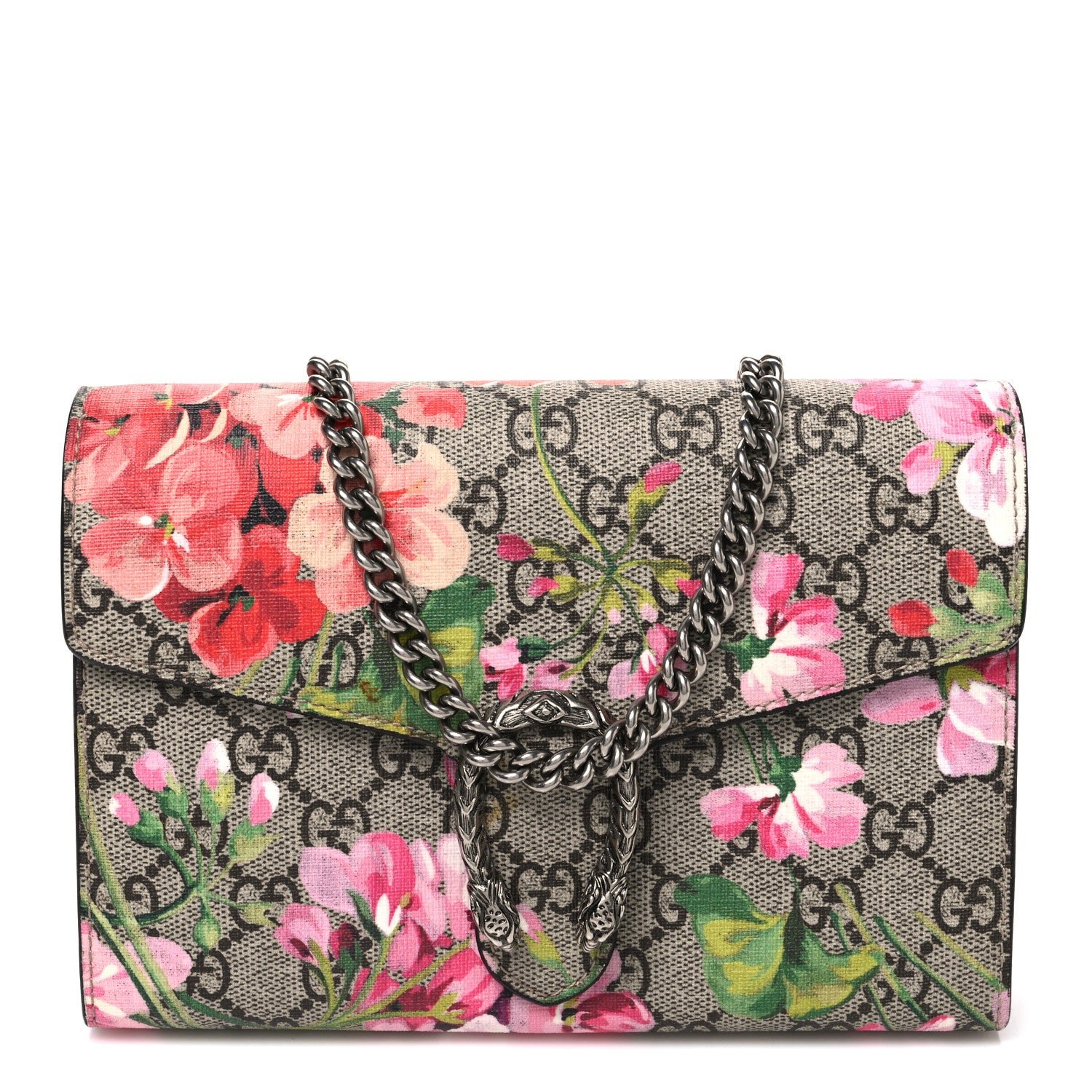 Gucci GG Supreme Monogram Blooms Mini Dionysus Chain Wallet Beige Multicolor Dry Rose