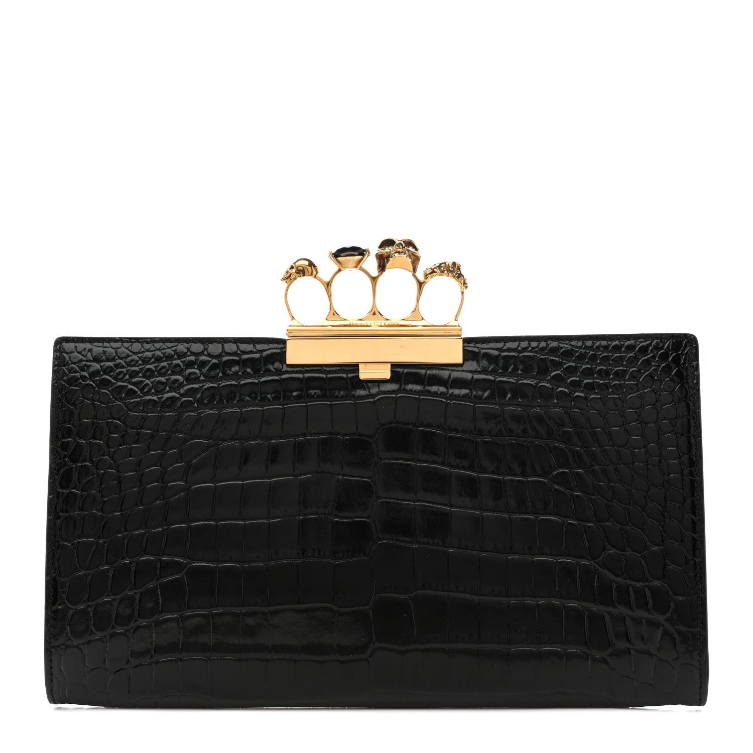 Alexander McQueen Calfskin Crocodile Embossed Knuckle Flat Clutch Black Gold