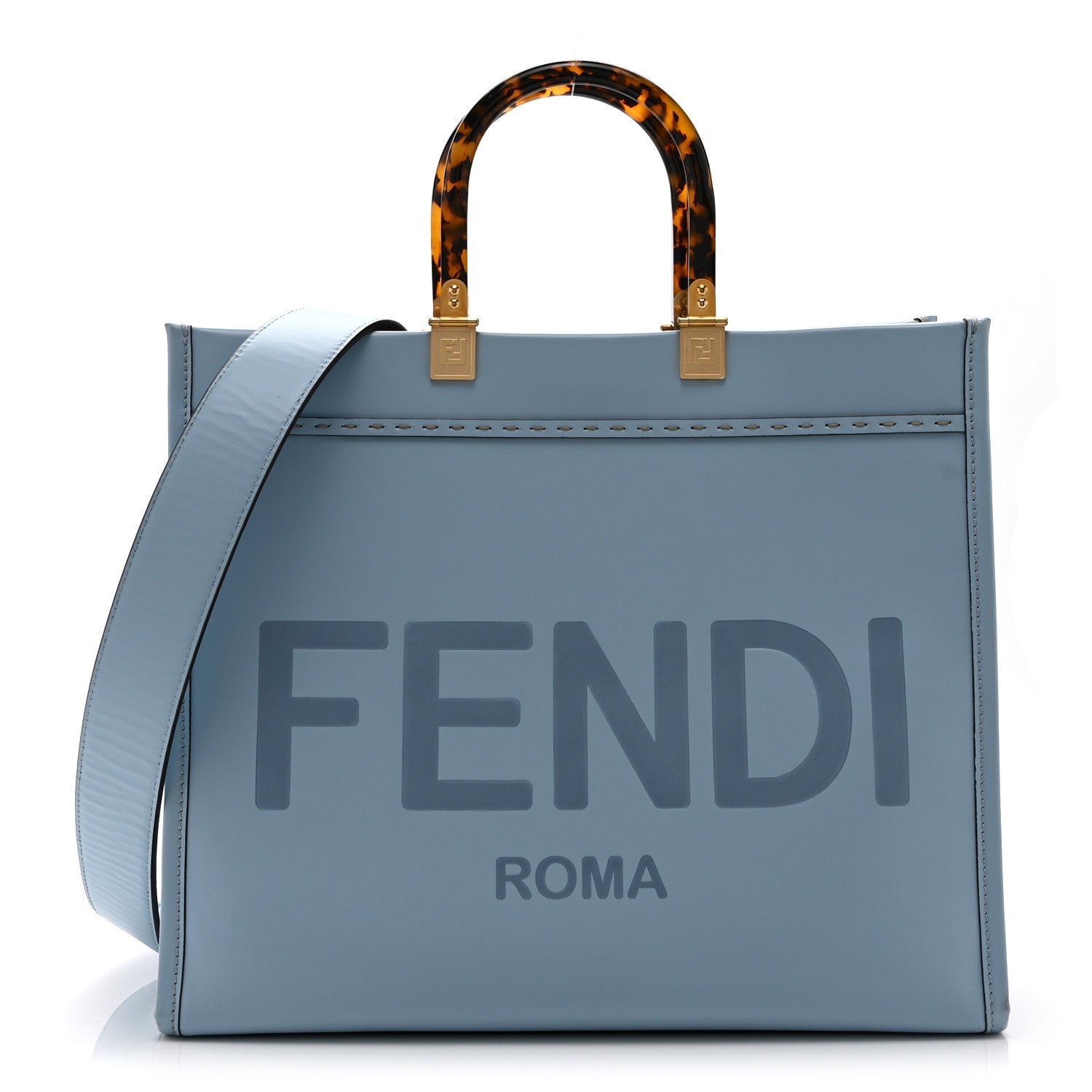 Fendi Vitello King Plexiglass Logo Embossed Medium Fendi Sunshine Shopper Tote Azzurro Baby