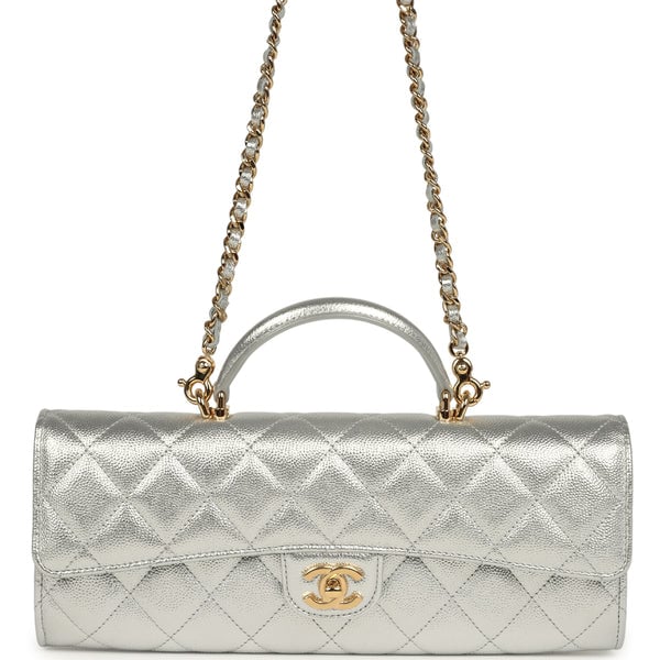 Chanel Long Top Handle Clutch with Chain Metallic Silver Caviar Gold Hardware