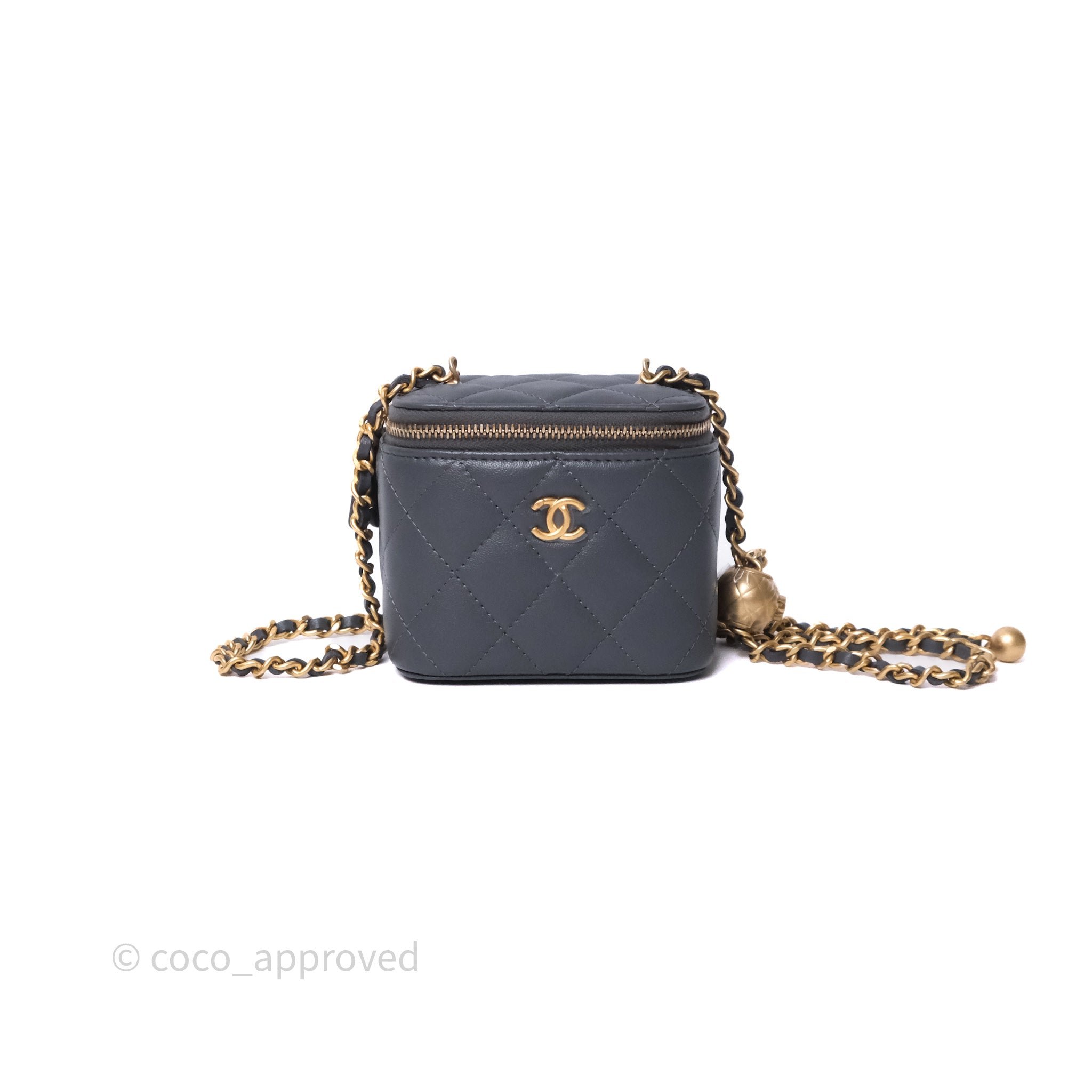 Chanel Mini Vanity Pearl Crush With Chain Dark Grey Lambskin Aged Gold Hardware