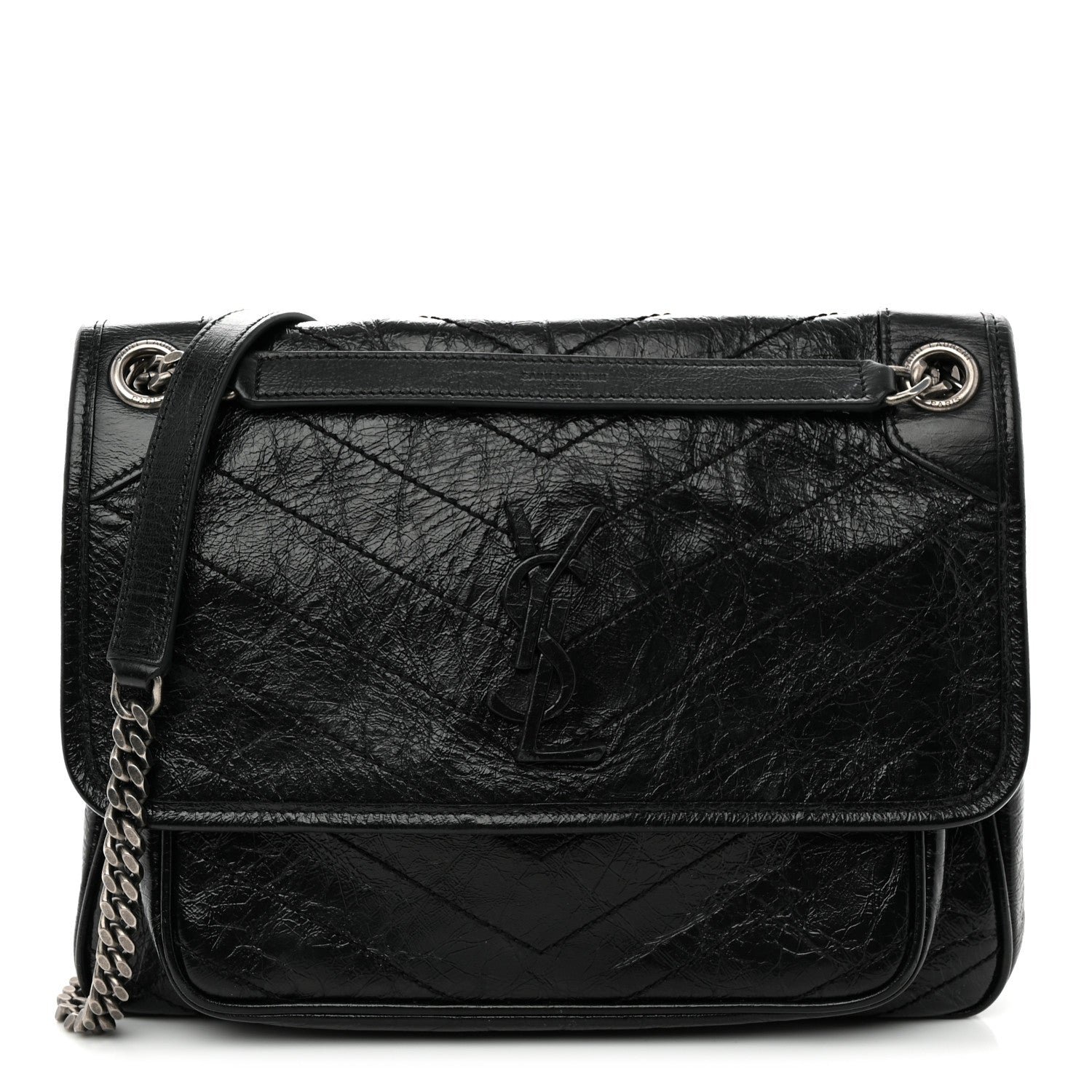 Saint Laurent Crinkled Calfskin Matelasse Monogram Medium Niki Chain Satchel Black Black