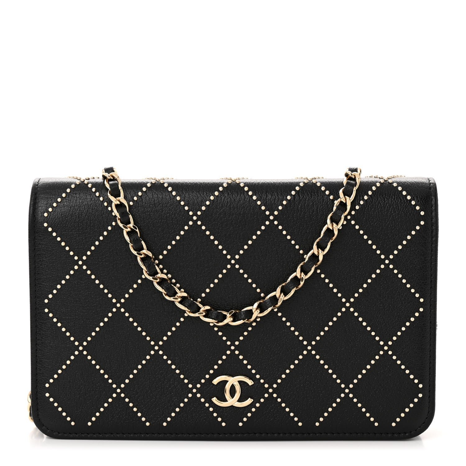 Chanel Lambskin Crystal Quilted Wallet On Chain WOC Black