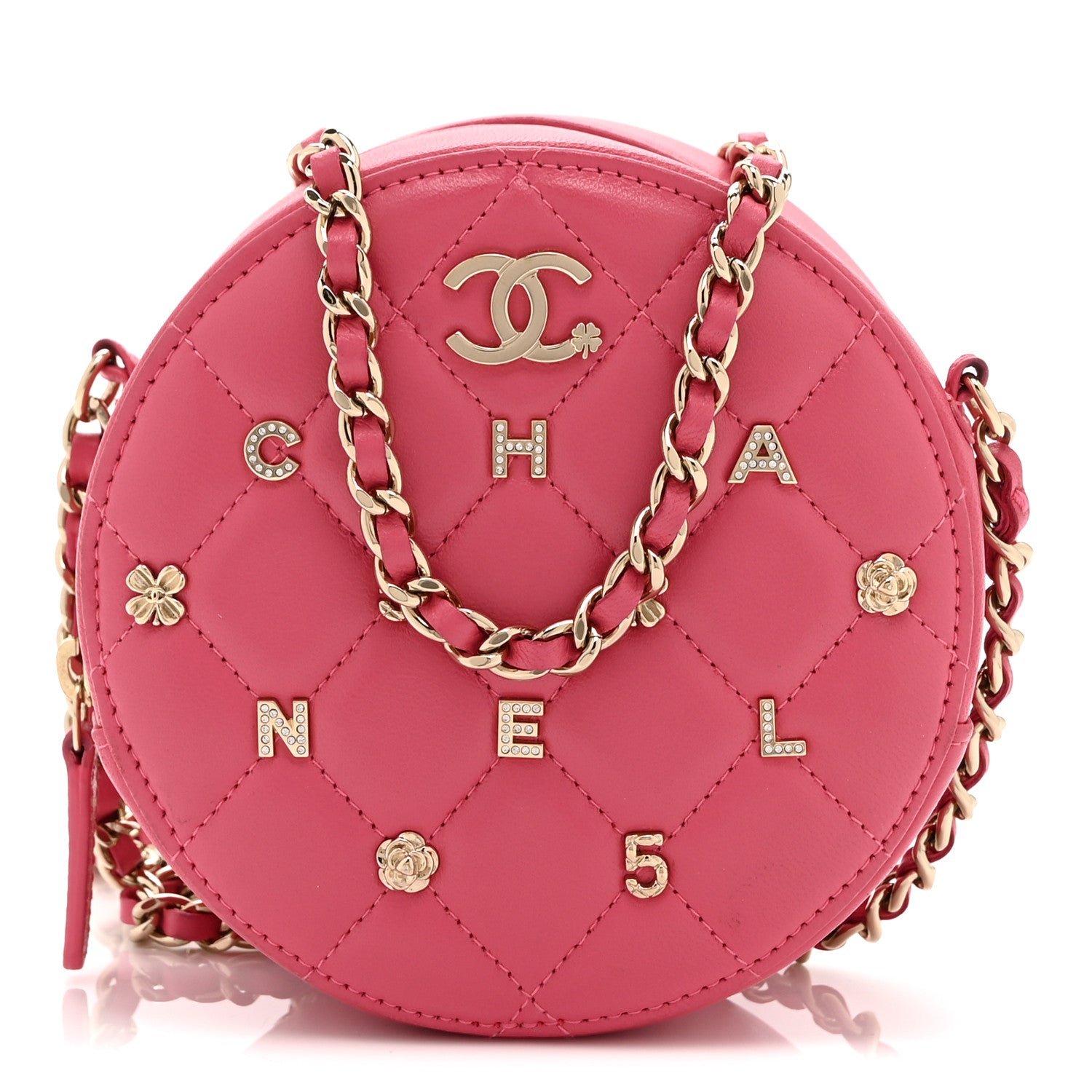 Chanel Lambskin Quilted Studded Round Clutch With Chain Dark Pink