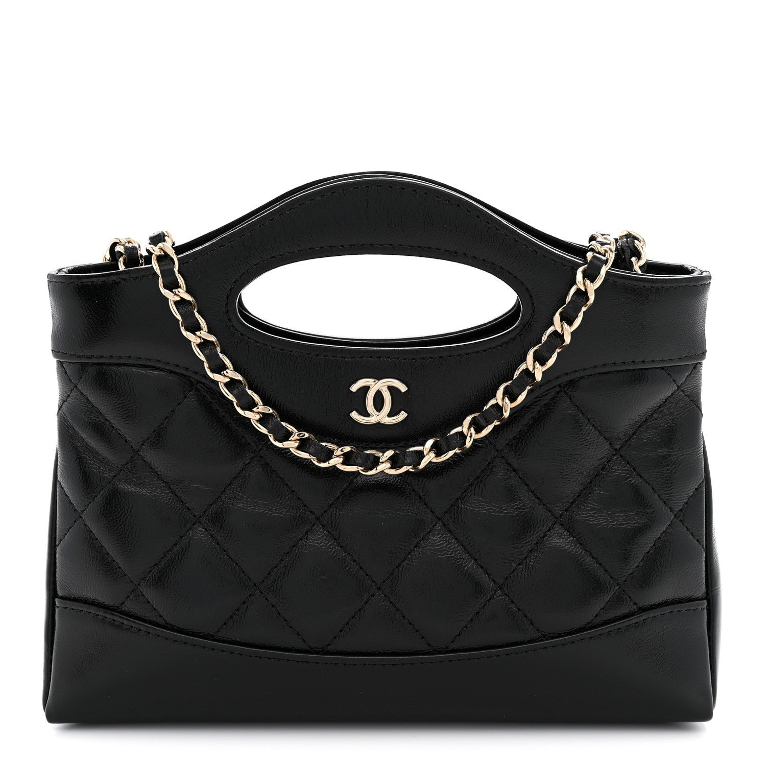 Chanel Shiny Crumpled Calfskin Quilted Nano 31 Shopping Bag Black