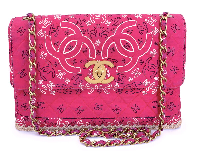 Vintage Dark Pink Paisley Print Bandana Maxi Straw Flap Bag Aged Gold Hardware, 1994